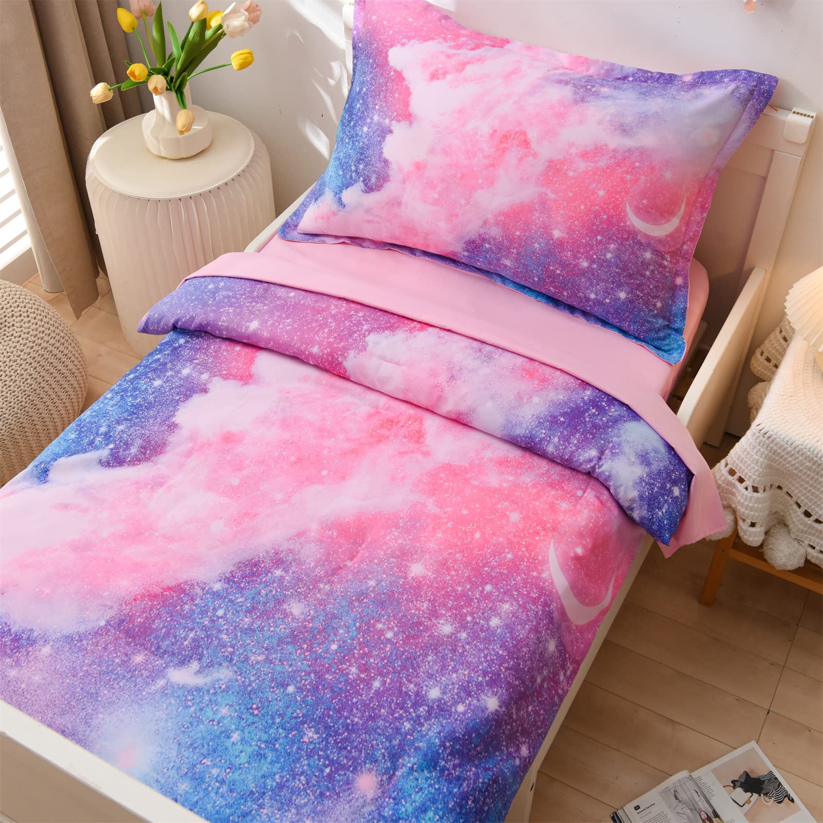 A Nice Night Galaxy Space Planet with Star Glitter Toddler Bedding Set,Includes Comforter, Flat Sheet, Fitted Sheet and Pillowcase,Pink