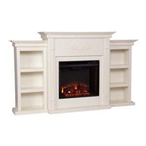 bowery hill traditional wood electric fireplace with bookcases in ivory