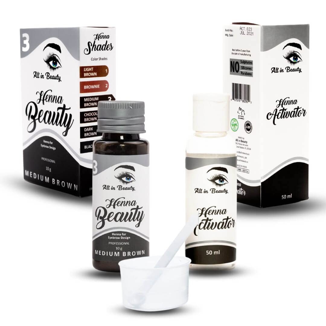 All in Beauty Henna Powder and Activator Color Enhancer Bundle for Brow Coloring and Tinting, Vegan,Made from Natural and Harmless Ingredients, Tint your Brows, Long Lasting and Waterproof