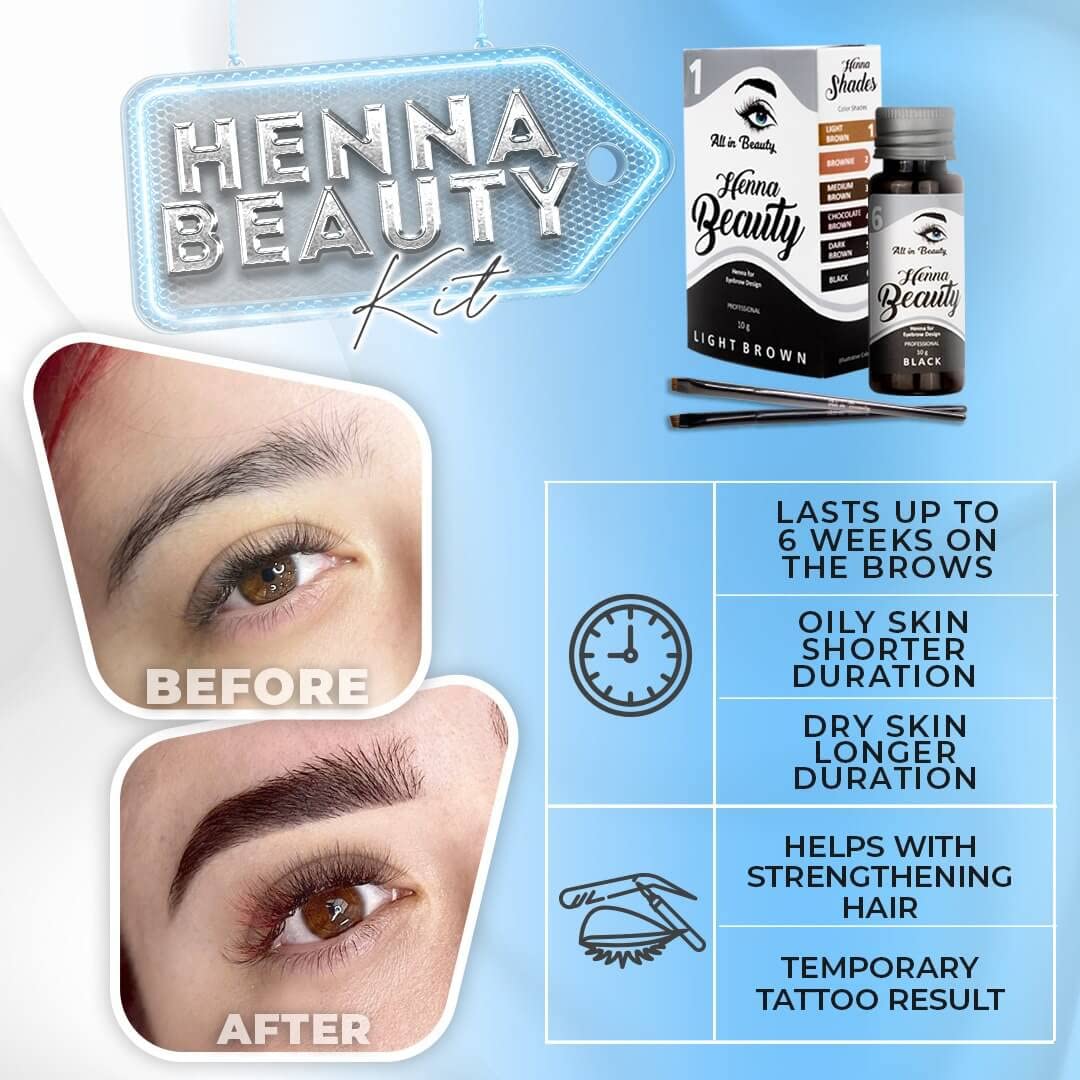 All in Beauty Henna Powder and Activator Color Enhancer Bundle for Brow Coloring and Tinting, Vegan,Made from Natural and Harmless Ingredients, Tint your Brows, Long Lasting and Waterproof