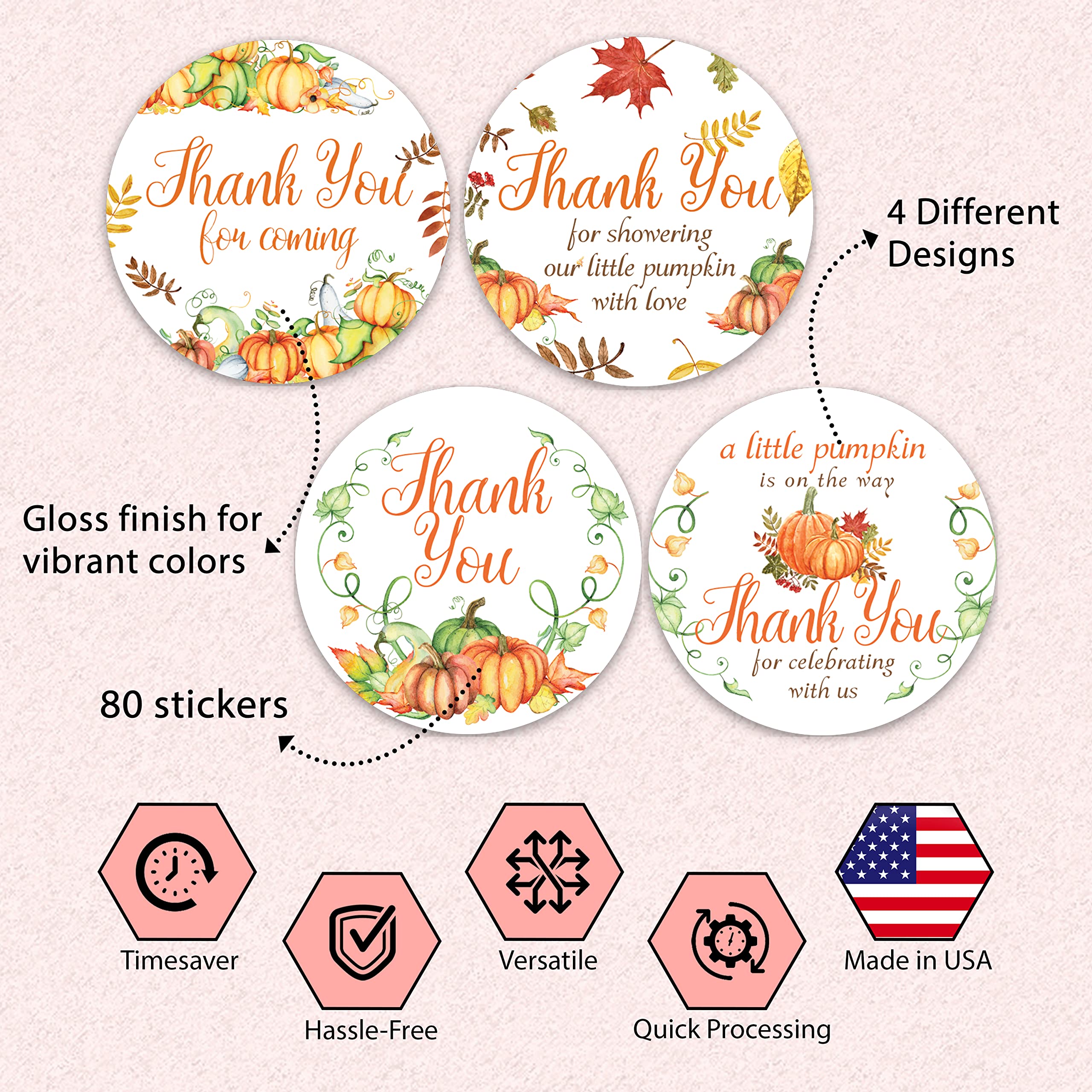 Thank You Baby Shower Stickers - Set of 80 Thank You for Coming Stickers, Preprinted Bridal Shower stickers, Birthday Party Favor Sticker, Self Adhesive Flat Sheet 2 Inch Round Labels LemonTheme Party (Pumpkin)