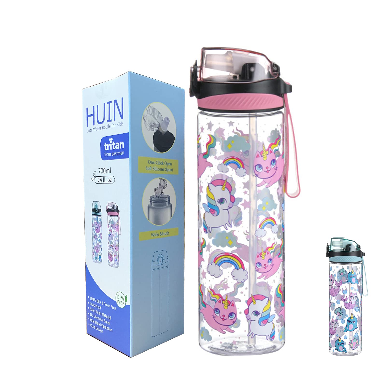 HUIN Cute Water Bottle for Girls Women, Water Bottle with Straw for School Kids, BPA FREE Reusable & Spill Proof & Wide Mouth, 24 oz / 700 ml, Unicorn