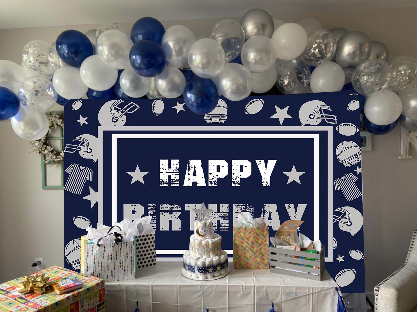 Football Backdrop for Birthday Party 7X5FT Navy Blue Cowboy Photography Background Football Themed Sports Fans Party Decor Supplies Banner Photo Props