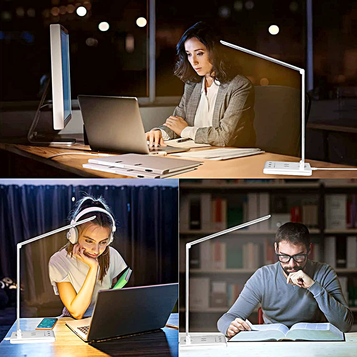 LED Desk Lamp Dimmable Table Lamp Reading Lamp with USB Charging Port, 5 Lighting Modes, Sensitive Control, 30/60 Minutes Auto-Off Timer, Eye-Caring Office Lamp (Silver, White)