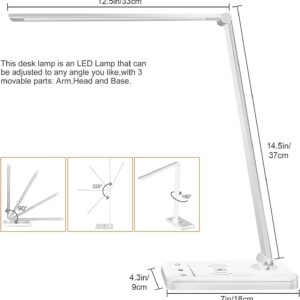 LED Desk Lamp Dimmable Table Lamp Reading Lamp with USB Charging Port, 5 Lighting Modes, Sensitive Control, 30/60 Minutes Auto-Off Timer, Eye-Caring Office Lamp (Silver, White)