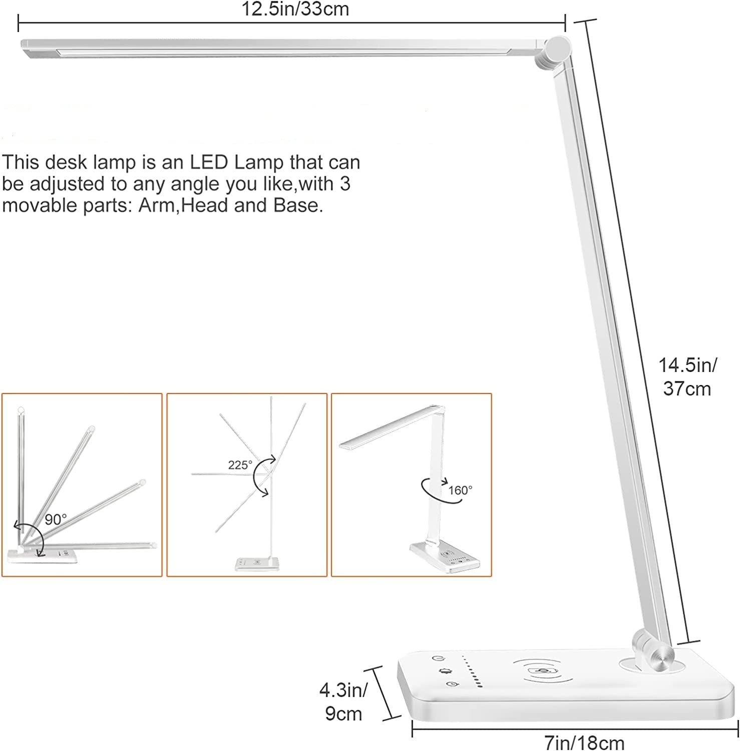 LED Desk Lamp Dimmable Table Lamp Reading Lamp with USB Charging Port, 5 Lighting Modes, Sensitive Control, 30/60 Minutes Auto-Off Timer, Eye-Caring Office Lamp (Silver, White)