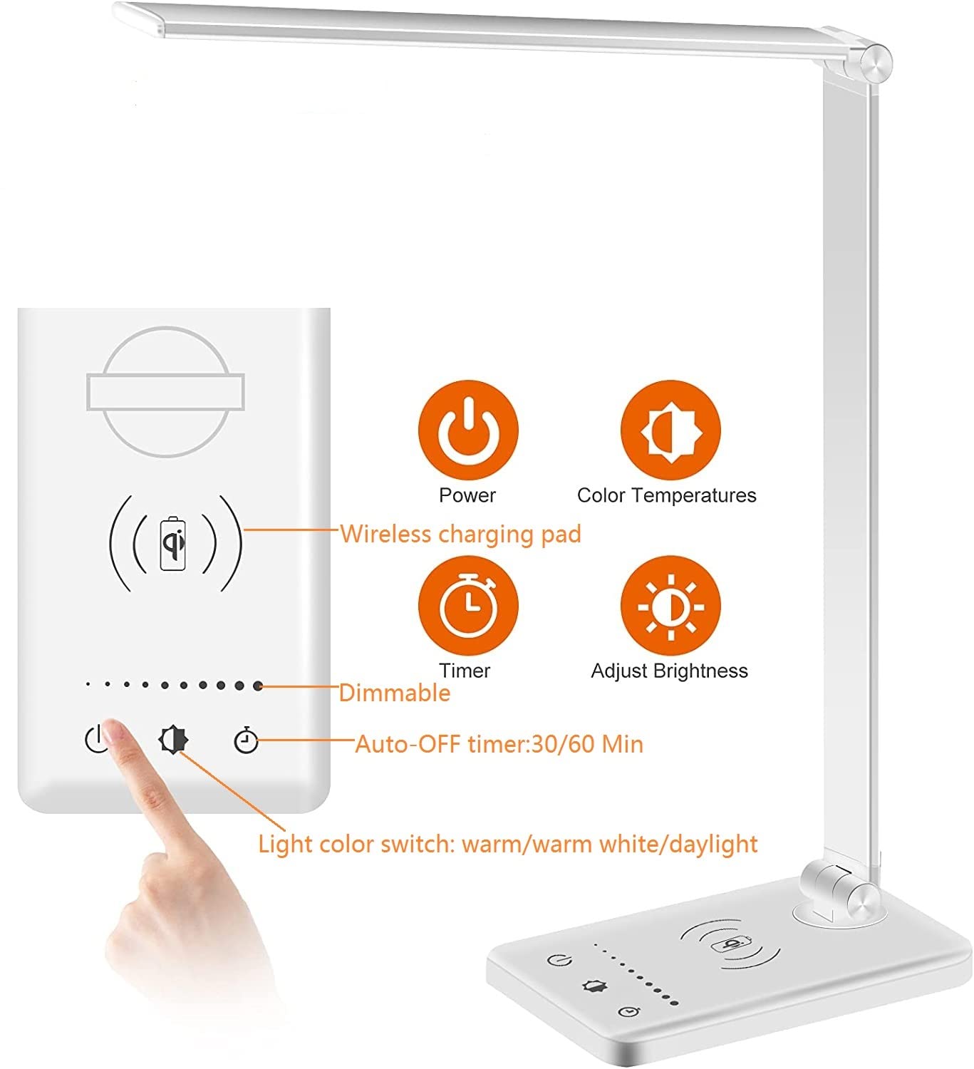 LED Desk Lamp Dimmable Table Lamp Reading Lamp with USB Charging Port, 5 Lighting Modes, Sensitive Control, 30/60 Minutes Auto-Off Timer, Eye-Caring Office Lamp (Silver, White)