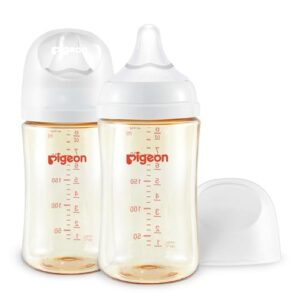 pigeon ppsu nursing baby bottle wide neck, streamlined body, natural feel, easy to clean, 8.1 oz(pack of 2), includes 2pcs m nipples (3m+)