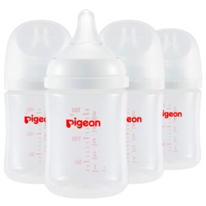 pigeon pp nursing bottle wide neck, streamlined body, natural feel, easy to clean, 5.4 oz(pack of 4), includes 4pcs ss nipples (0m+)