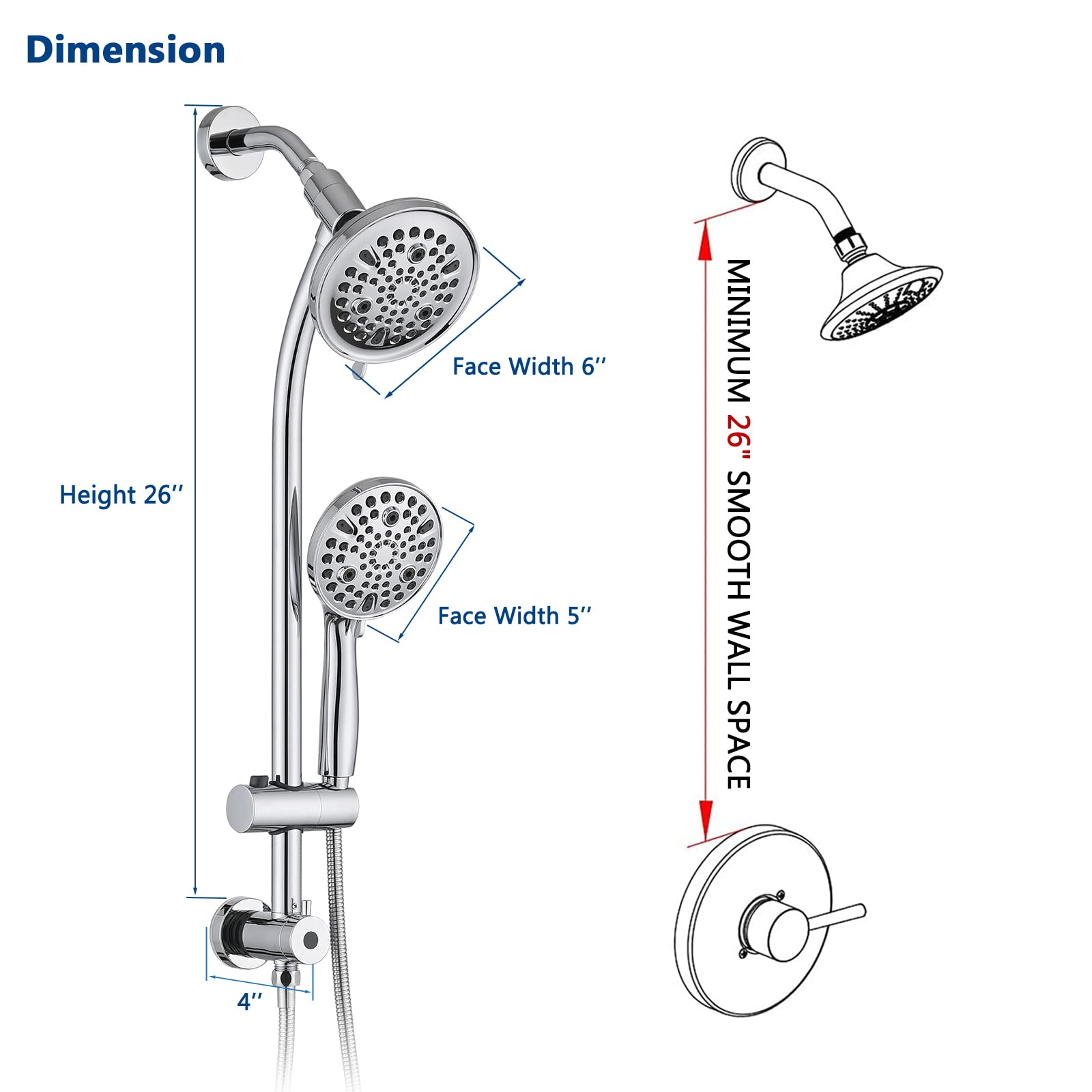 UCLIMAA Rainfall Shower Head with Handheld Shower Spray, with 26" Drill Free Adjustable Height Slider Bar, High Pressure Dual Shower Head Combo, 3-Way Diverter for Easy Reach, 5Ft Hose - Chrome Finish