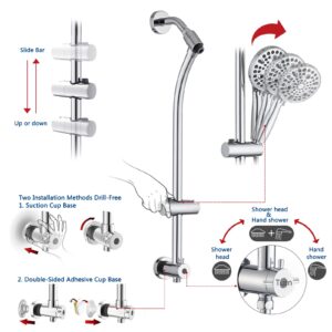 UCLIMAA Rainfall Shower Head with Handheld Shower Spray, with 26" Drill Free Adjustable Height Slider Bar, High Pressure Dual Shower Head Combo, 3-Way Diverter for Easy Reach, 5Ft Hose - Chrome Finish