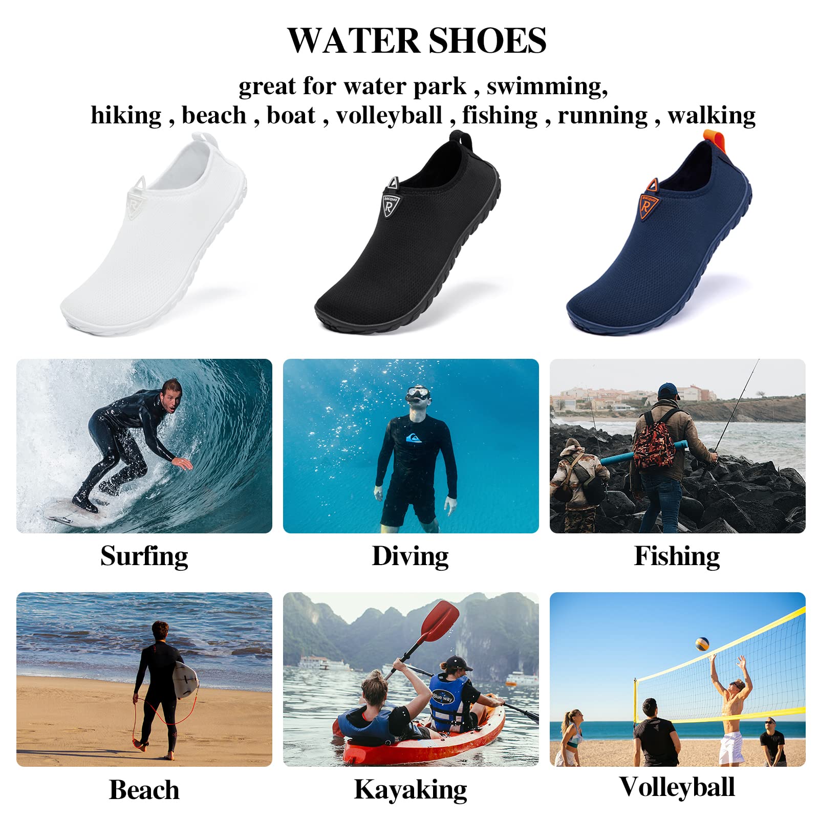 Racqua Men&Women Aqua Socks for Hiking Surf Diving Sport Quick-Dry Water Shoes Breathable Pool Beach Swim Shoes Black 13W/12M