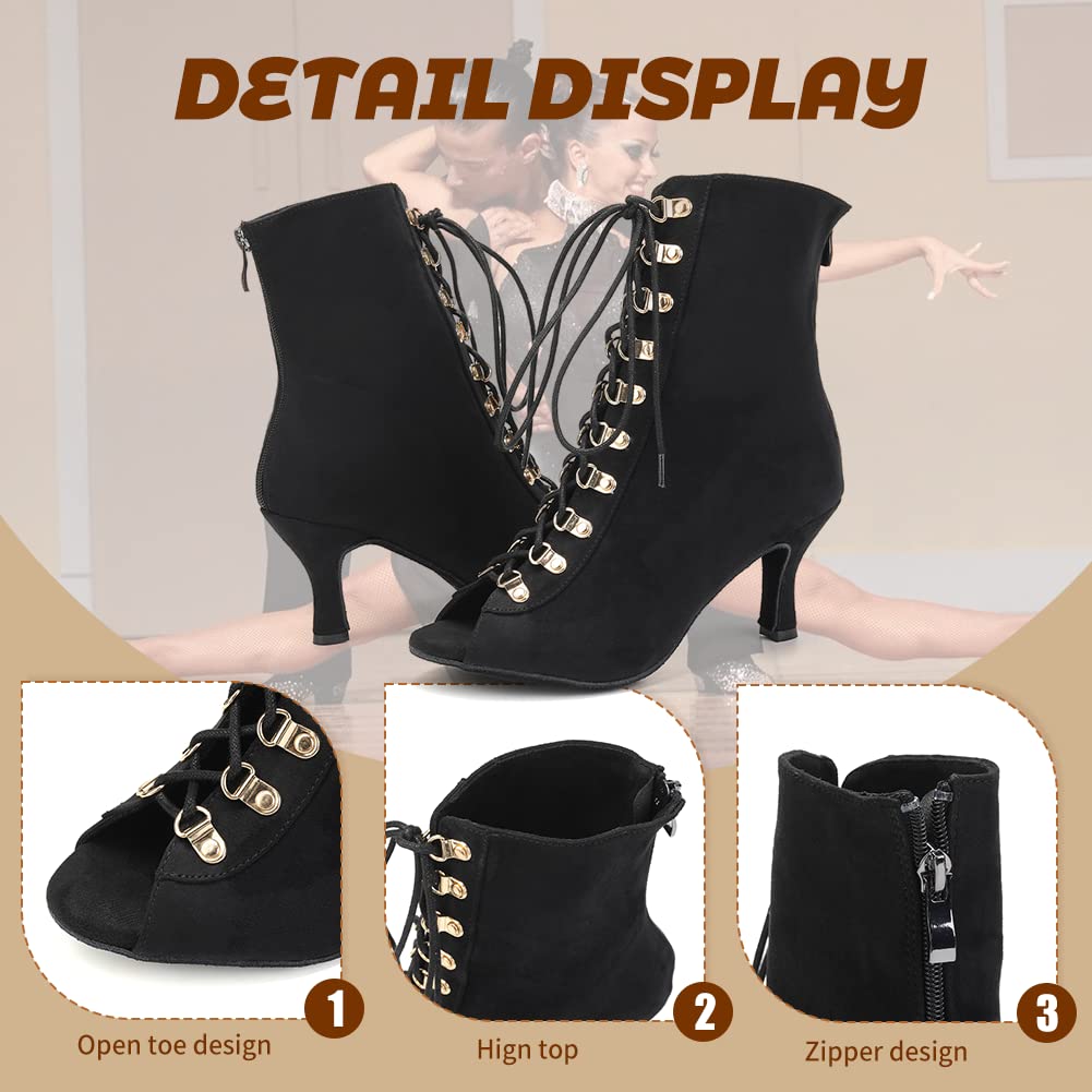 JUODVMP Dance Boots Women High Heel Cool Ankle Booties Peep-toe High Top Suede Dancing Shoes 3 inch heel Salsa Latin Dance Shoes,9.5 US