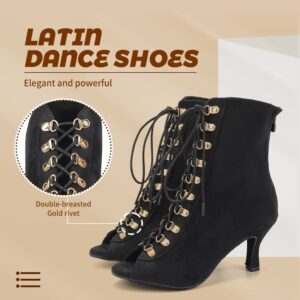 JUODVMP Dance Boots Women High Heel Cool Ankle Booties Peep-toe High Top Suede Dancing Shoes 3 inch heel Salsa Latin Dance Shoes,9.5 US