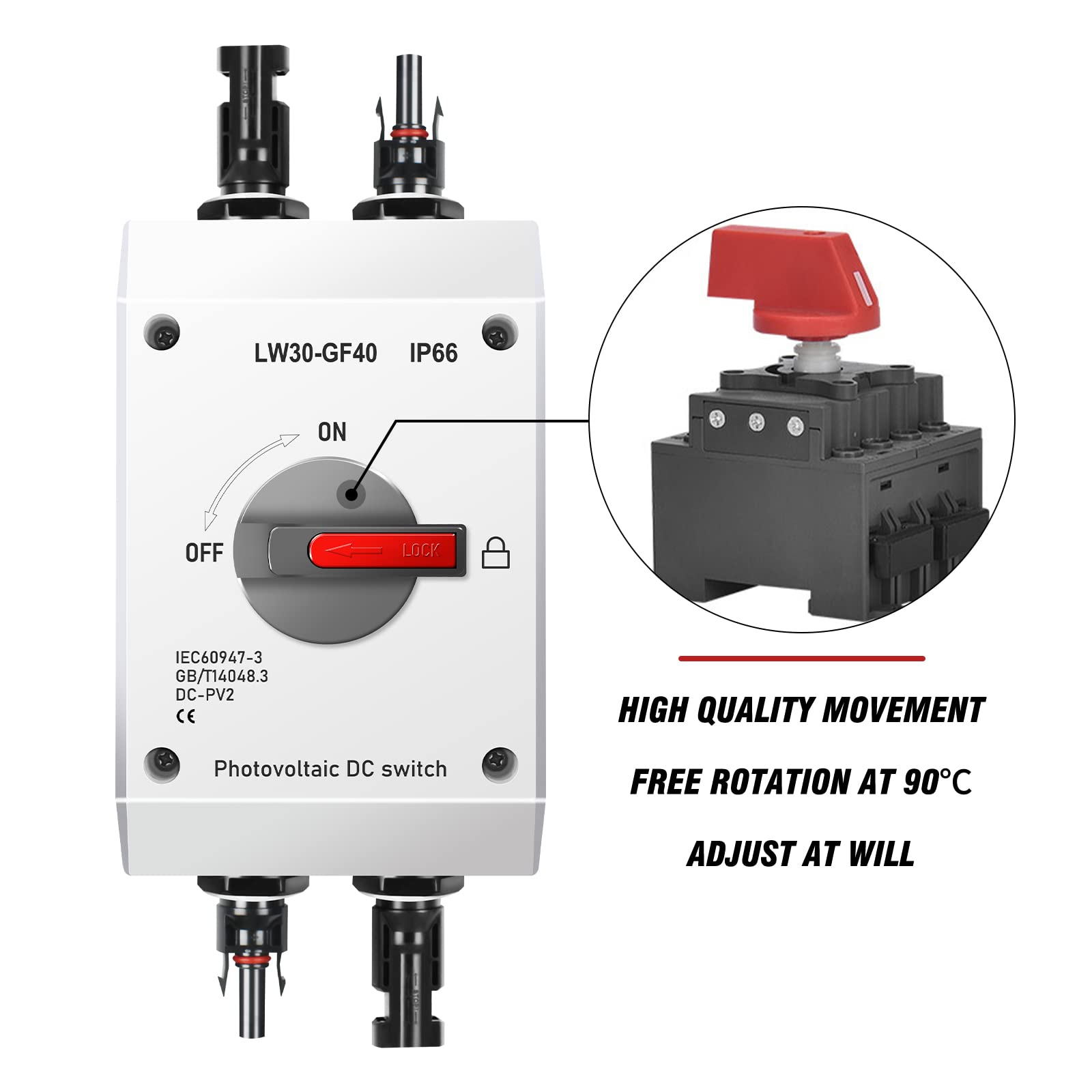 32A DC 1200V PV Solar Disconnect Switch, IP66 Waterproof & Anti-UV Solar Circuit Isolator Box for Solar Panels (International Standard: IEC60947-3)