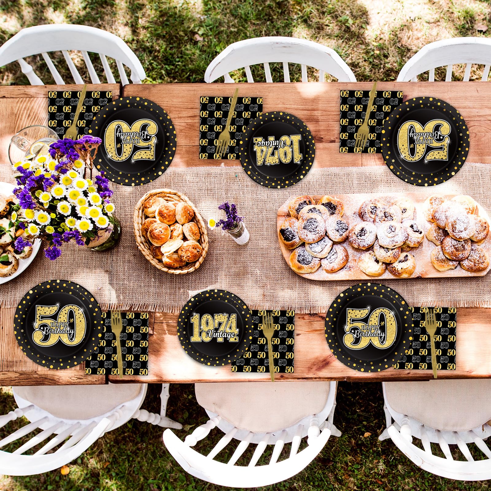 96 Pcs Vintage 50th Birthday Party Decorations Vintage 1974 Birthday Party Tableware for Men Woman Cheers to 50 Years Party Dessert Plates Napkins Forks for 24 Guests Back in 1974 Party Favors