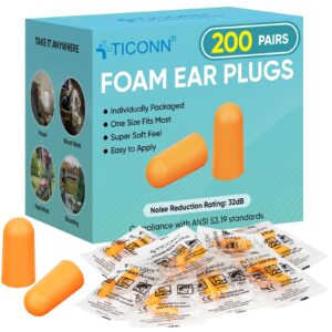 ticonn 200 pairs ear plugs, 32db noise reduction earplugs for sleeping hearing protection travel study concentration construction site (200 pairs)