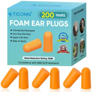 TICONN 200 Pairs Ear Plugs, 32dB Noise Reduction Earplugs for Sleeping Hearing Protection Travel Study Concentration Construction Site (200 Pairs)