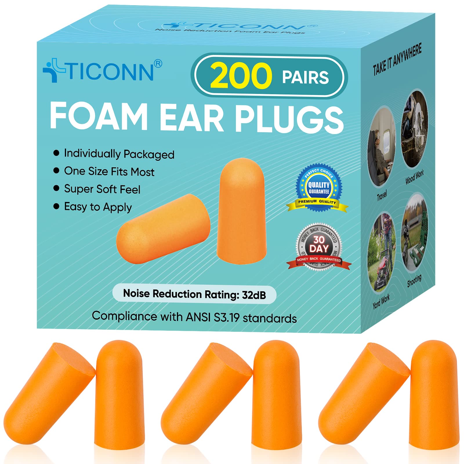 TICONN 200 Pairs Ear Plugs, 32dB Noise Reduction Earplugs for Sleeping Hearing Protection Travel Study Concentration Construction Site (200 Pairs)