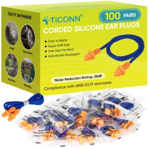 ticonn 100 pairs reusable silicone ear plugs for sleeping noise cancelling, 25db nrr corded earplugs for study concentration travel (100 pairs)