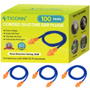 TICONN 100 Pairs Reusable Silicone Ear Plugs for Sleeping Noise Cancelling, 25dB NRR Corded Earplugs for Study Concentration Travel (100 Pairs)