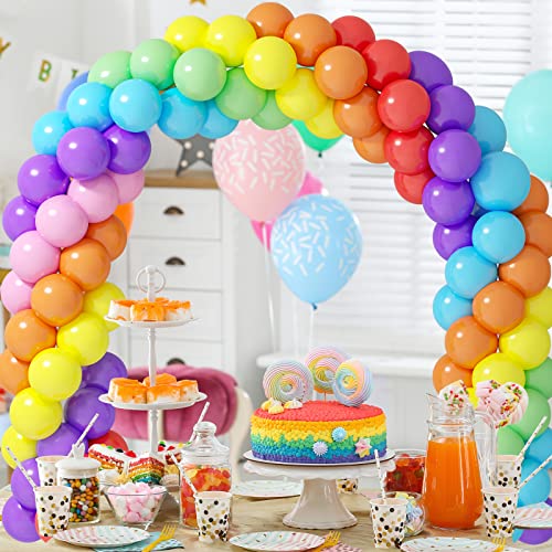 RUBFAC Table Balloon Arch Kit with 100pcs Rainbow Balloons, 12ft Ballon Stand Frame for Different Size, Tables Balloon Arch Stand for Wedding Baby Shower and Birthday Party