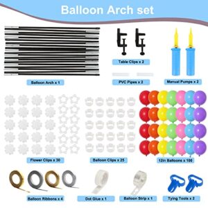 RUBFAC Table Balloon Arch Kit with 100pcs Rainbow Balloons, 12ft Ballon Stand Frame for Different Size, Tables Balloon Arch Stand for Wedding Baby Shower and Birthday Party