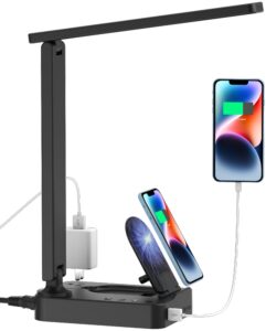drevet led desk lamp with wireless charger, desk table light with usb charging port and 2 outlets, 3 lighting modes, 3 level brightness, 1h timer, touch control, eye-caring home office foldable lamp
