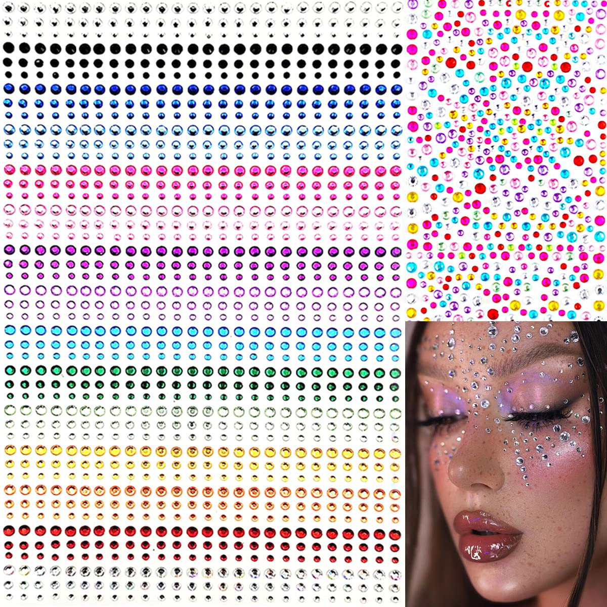 1575 Pieces Eye Face Gems Self-Adhesive Rhinestone Stickers for Makeup, Rainbow Glitters Jewels Face Stickers, for DIY Nail Body Accessories