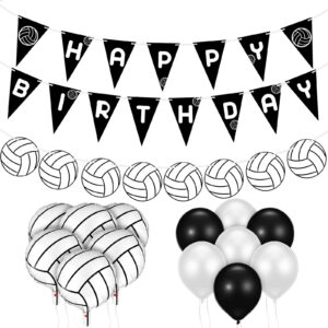 16 Pieces Volleyball Party Decorations, Volleyball Themed Happy Birthday Banner Flags, Black and White Volleyball Paper Garland Volleyball Balloons for Sports Theme Birthday Party Supplies