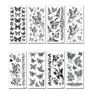 8 sheets black butterfly temporary tattoos waterproof long lasting fake tattoos sexy realistic arm tattoos stickers for women girls