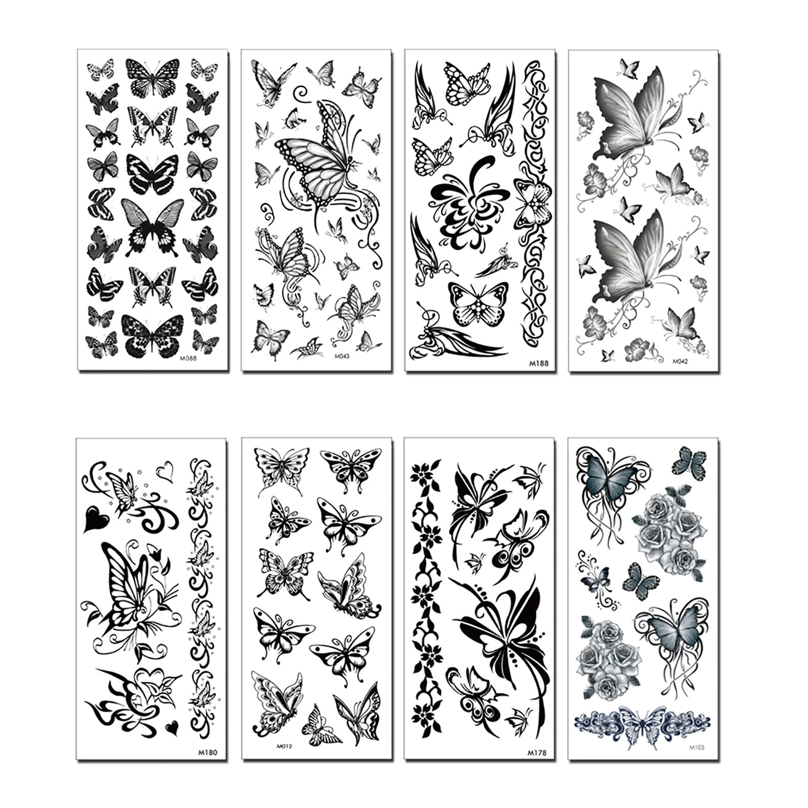 8 Sheets Black Butterfly Temporary Tattoos Waterproof Long lasting Fake Tattoos Sexy Realistic Arm Tattoos Stickers for Women Girls