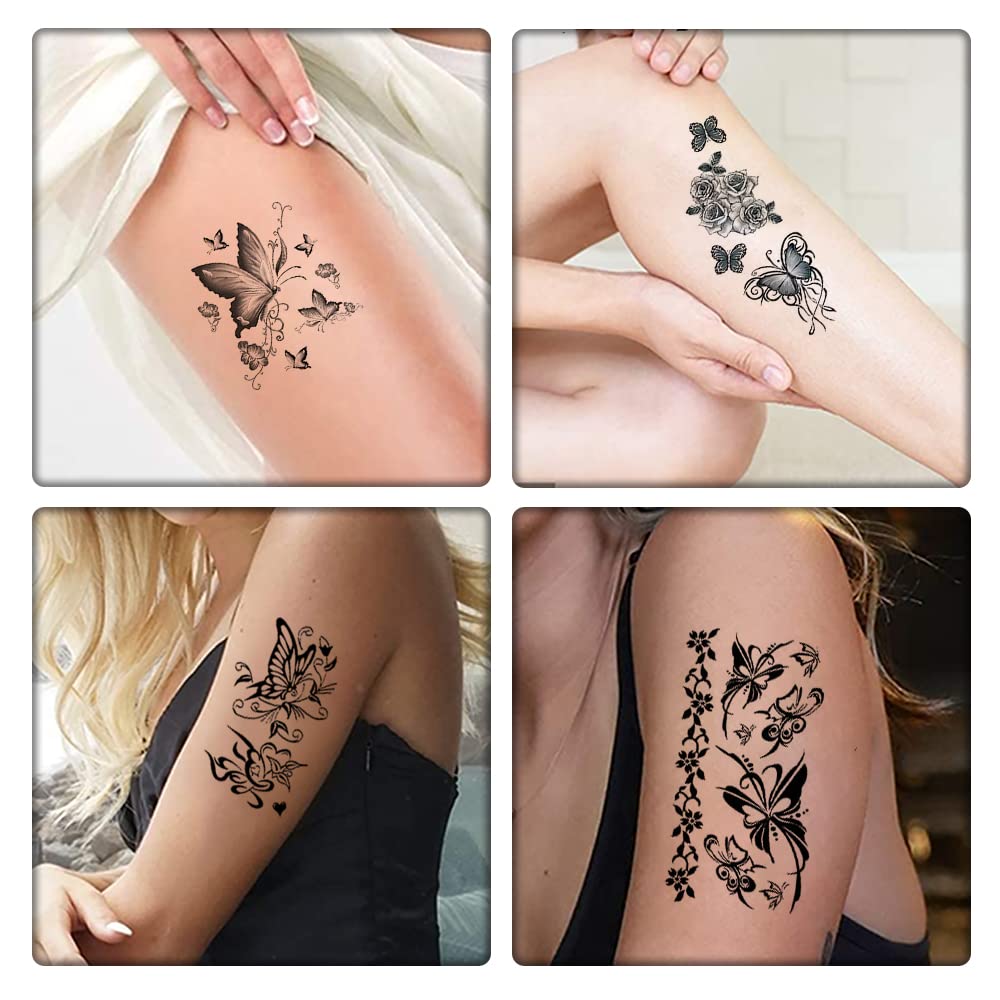 8 Sheets Black Butterfly Temporary Tattoos Waterproof Long lasting Fake Tattoos Sexy Realistic Arm Tattoos Stickers for Women Girls