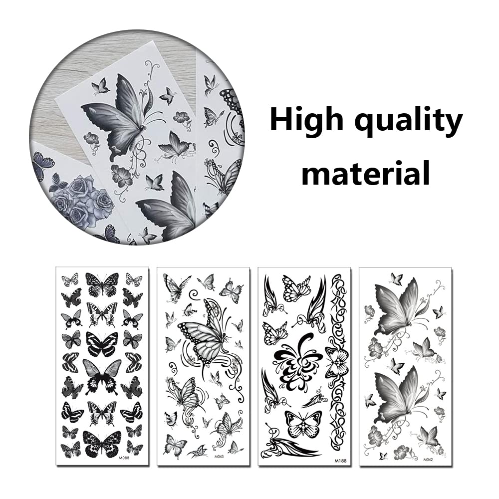 8 Sheets Black Butterfly Temporary Tattoos Waterproof Long lasting Fake Tattoos Sexy Realistic Arm Tattoos Stickers for Women Girls