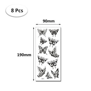 8 Sheets Black Butterfly Temporary Tattoos Waterproof Long lasting Fake Tattoos Sexy Realistic Arm Tattoos Stickers for Women Girls