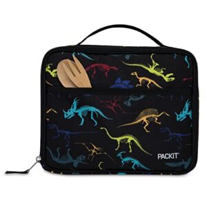 packit freezable lunch box, dino fossils neon, built with ecofreeze technology, collapsible, reusable, zip closure, perferct for fresh meals on the go