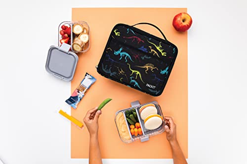 PackIt Freezable Lunch Box, Dino Fossils Neon, Built with EcoFreeze Technology, Collapsible, Reusable, Zip Closure, Perferct for Fresh Meals On the Go