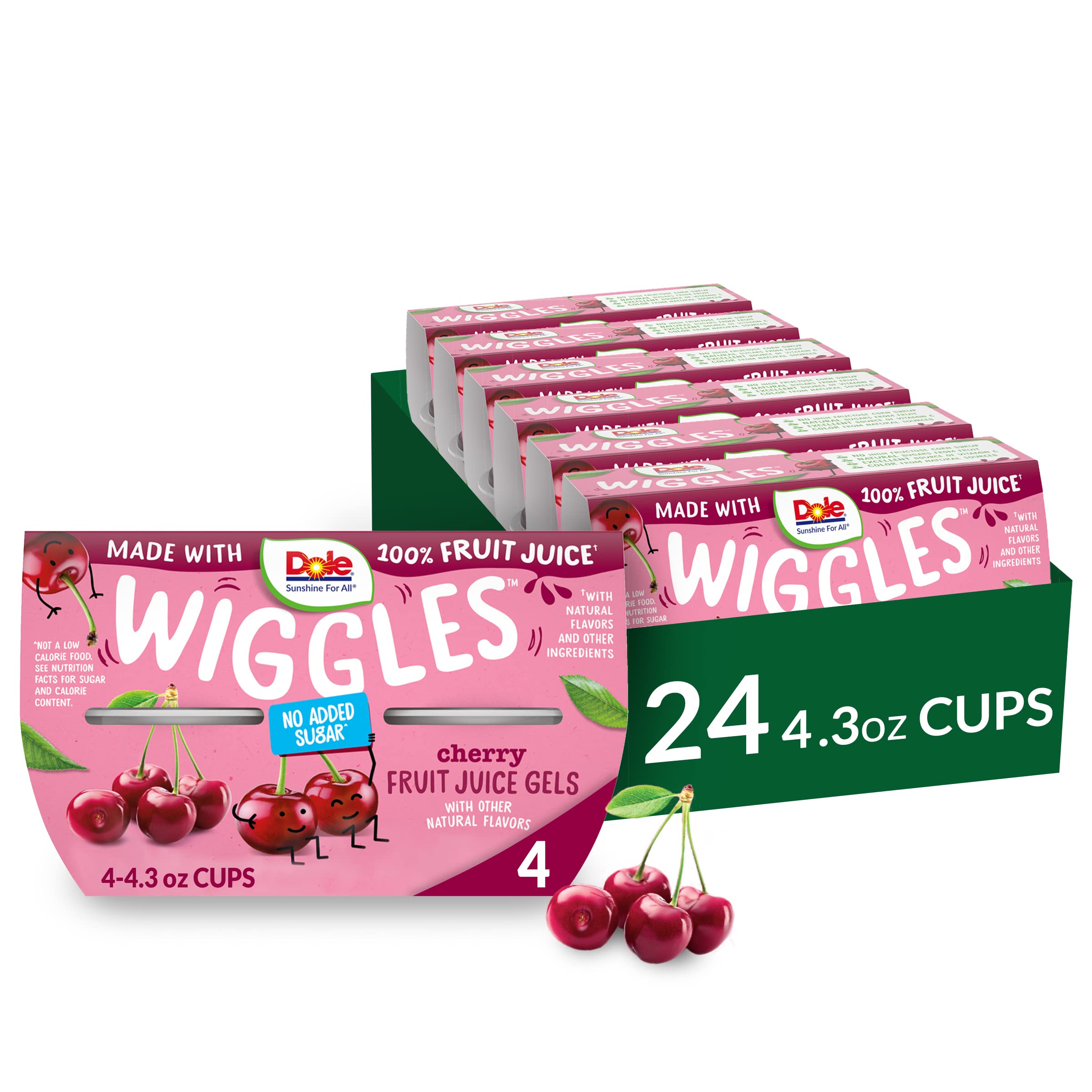 Dole Wiggles No Sugar Added Cherry Fruit Juice Gel Snacks, 4.3oz 24 Total Cups, Gluten & Dairy Free, Bulk Lunch Snacks for Kids & Adults