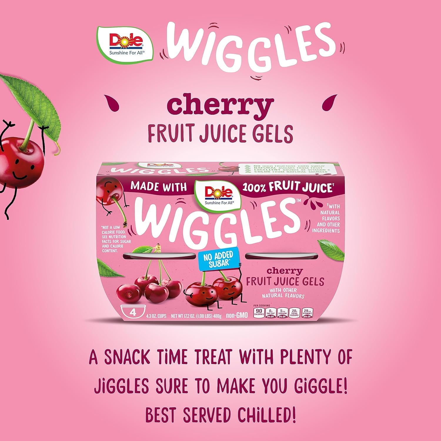 Dole Wiggles No Sugar Added Cherry Fruit Juice Gel Snacks, 4.3oz 24 Total Cups, Gluten & Dairy Free, Bulk Lunch Snacks for Kids & Adults