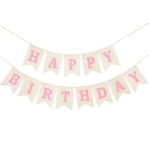 burlap happy birthday banner, assembled reusable pink happy birthday sign for rustic birthday party decorations