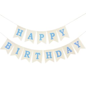 blue happy birthday banner, assembled burlap happy birthday sign for birthday party decorations