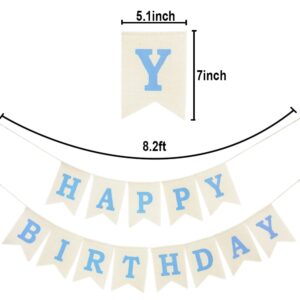 Blue Happy Birthday Banner, Assembled Burlap Happy Birthday Sign for Birthday Party Decorations