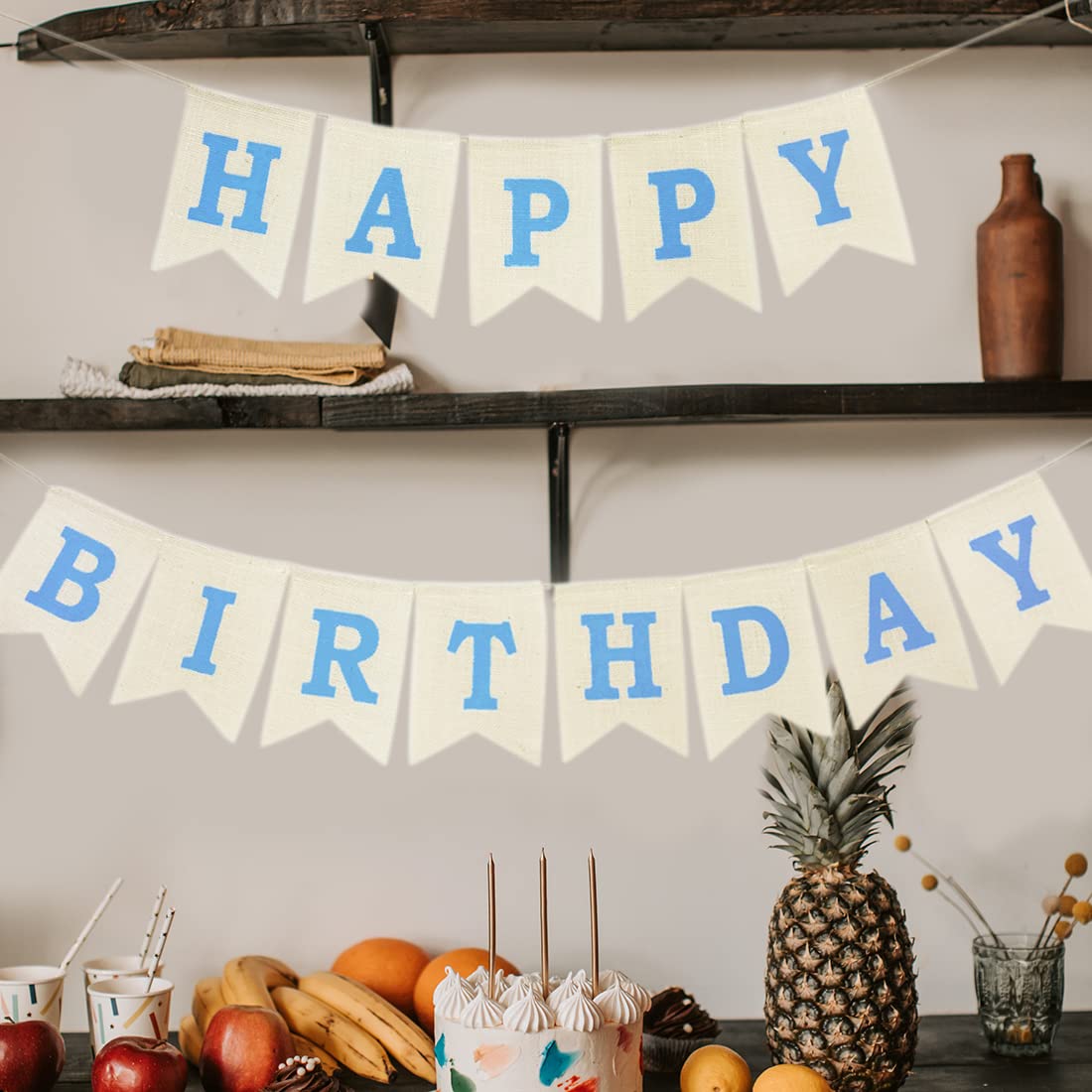 Blue Happy Birthday Banner, Assembled Burlap Happy Birthday Sign for Birthday Party Decorations