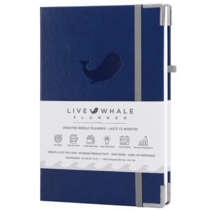 ) live whale planner - undated weekly planner, personal hourly planner - habit tracker crafted to increase productivity, track goals and achieve well being. (blue/grey)