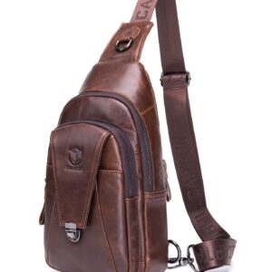 BULLCAPTAIN Genuine Leather Men Sling Crossbody Bag Backpack Outdoor Hiking Travel Chest Bag Daypack (Brown)