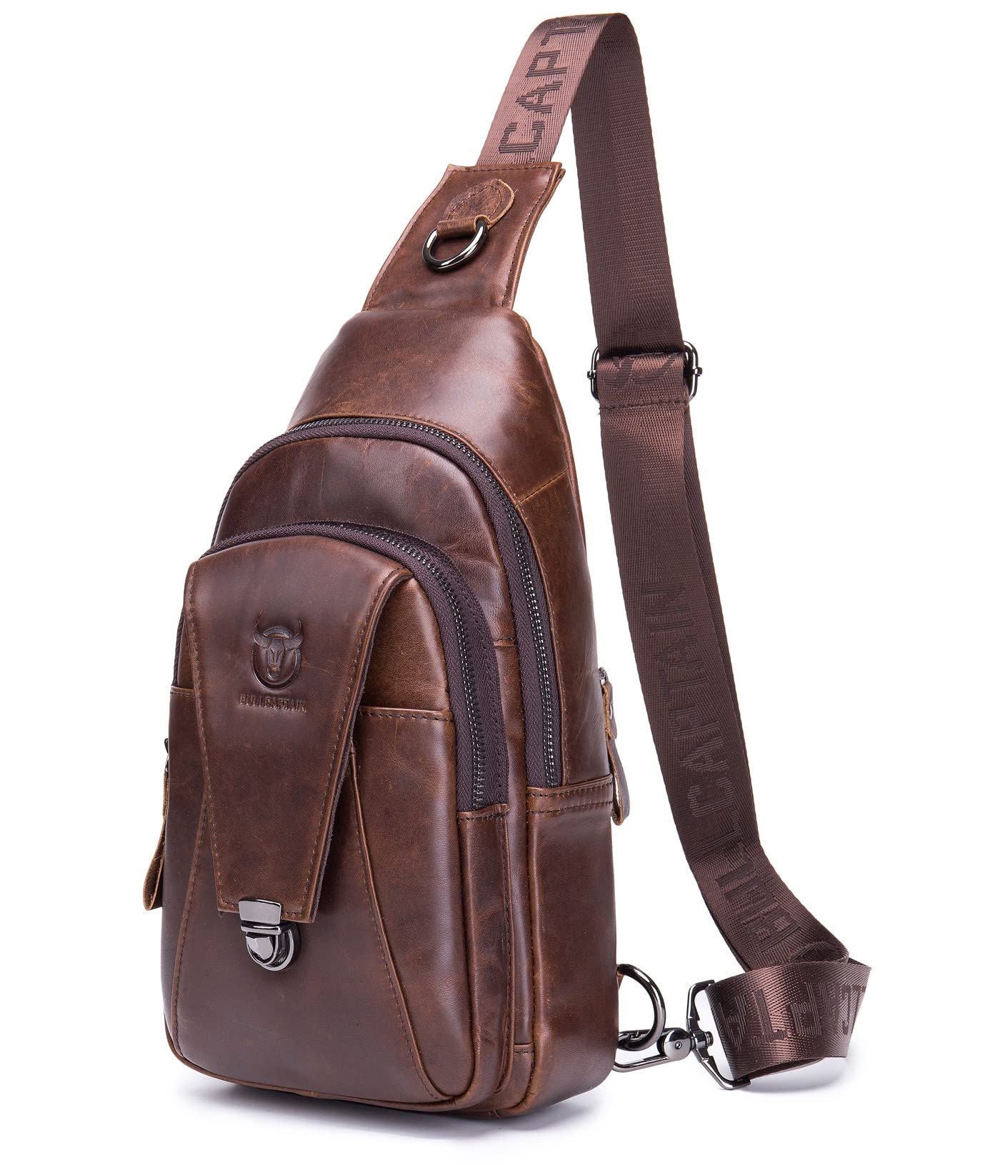 BULLCAPTAIN Genuine Leather Men Sling Crossbody Bag Backpack Outdoor Hiking Travel Chest Bag Daypack (Brown)