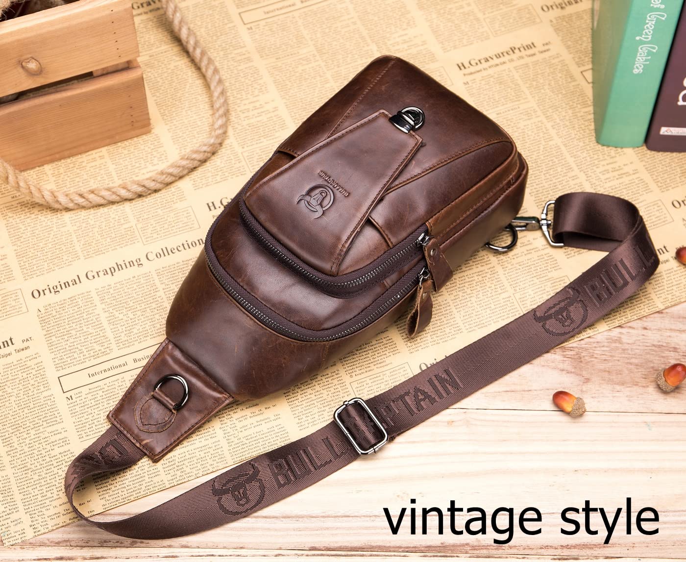 BULLCAPTAIN Genuine Leather Men Sling Crossbody Bag Backpack Outdoor Hiking Travel Chest Bag Daypack (Brown)