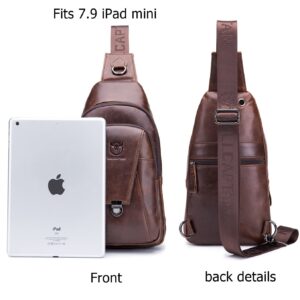 BULLCAPTAIN Genuine Leather Men Sling Crossbody Bag Backpack Outdoor Hiking Travel Chest Bag Daypack (Brown)