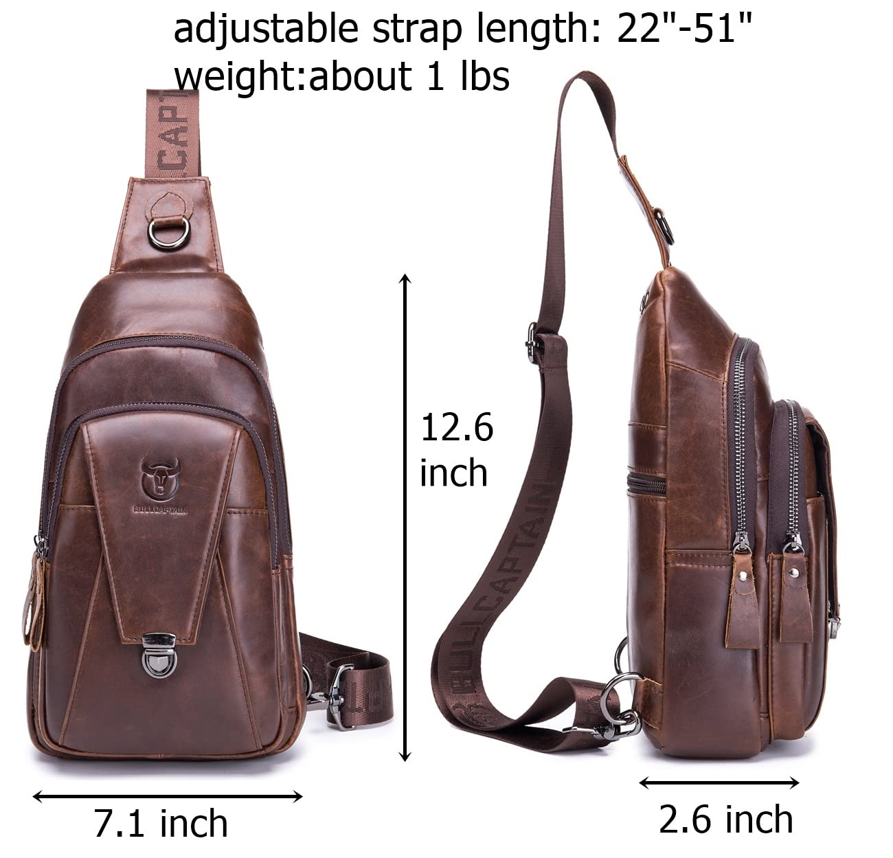 BULLCAPTAIN Genuine Leather Men Sling Crossbody Bag Backpack Outdoor Hiking Travel Chest Bag Daypack (Brown)