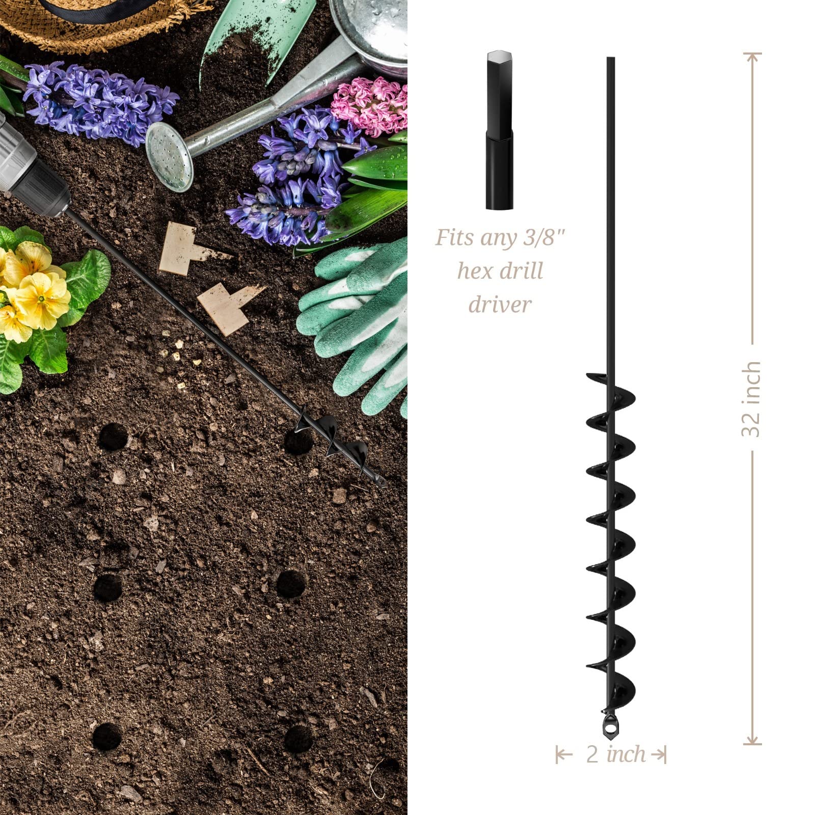 K-Brands Auger Drill Bit for Planting – 2 x 32 Inch - No Squat Garden Spiral Hole Drill Planter for Bulb Planting, Bedding Plants, Umbrella Holes - 3/8 Inch Hex Drive Drill